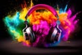 A headphone with colorful color powder splash Generative AI Royalty Free Stock Photo