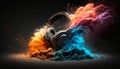 Headphone And Colorful Exploding Vivid Powder On Dark Background - Generative AI