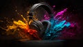 Headphone And Colorful Exploding Vivid Powder On Dark Background - Generative AI