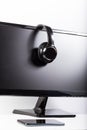 Headphone on desktop Wireless earphones with gadgets