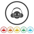 Headphone emoticon icon. Set icons in color circle buttons