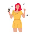 Headphone girl listens to music on smartphone.Flat hand-drawn cartoon character.Young woman is enjoying melody playlist online.