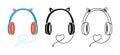 Headphone headset comic icon drawn stamp, doodle line set earphone sign call center operator symbol