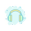 Headphone headset icon in comic style. Headphones vector cartoon illustration pictogram. Audio gadget business concept splash