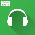 Headphone headset icon in flat style. Headphones vector illustration with long shadow. Audio gadget business concept.