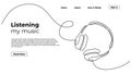 Headphone one line drawing minimalist, continuous hand drawn style vector illustration. Listening music gadget, Landing page
