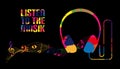 Headphone Silhouette With Music Notes - Listen To The Music - Colorful Vector Illustration - Isolated On Black Background