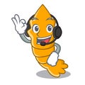 With headphone steamed fresh raw shrimp on mascot cartoon