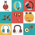 Headphone vector seamless pattern headset listening to stereo sound music earphones and modern audio dj equipment