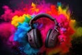 Headphone and vivid color powder on black background. Generative AI