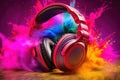 Headphone and vivid color powder on colorful background. Generative AI