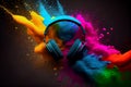 Headphone and vivid color powder. Creative music and festival concept.generative ai
