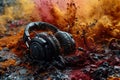 Headphone and vivid color powder, creative music and festival concept