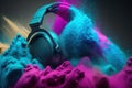 Headphone and vivid color powder on dark background, Generative AI