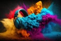 Headphone and vivid color powder on dark background, Generative AI