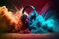 Headphone and vivid color powder on dark background, Generative AI