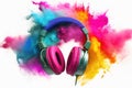 Headphone and vivid color powder on white background. Generative AI