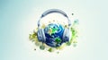 headphones around the green planet earth, light background Royalty Free Stock Photo