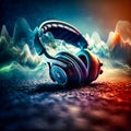 Headphones with audio spectrum wave futuristic Background, generative AI Royalty Free Stock Photo