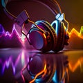 Headphones with audio spectrum wave futuristic Background, generative AI Royalty Free Stock Photo