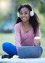 Headphones, black woman and portrait of a student in a park listening to music and web audio. Computer, outdoor studying Royalty Free Stock Photo