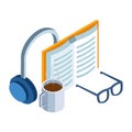 Headphones, book and coffee mug and glasses