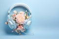 Headphones with bouquet of flowers on blue background, top view