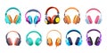 Headphones cartoon collection. Neon headphone, isolated music tools icons. Teens stylish accessories, sound production