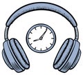 Headphones and clock illustration representing music and time management Royalty Free Stock Photo