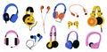 Headphones collection. Cartoon wired and wireless earphones, audio electronic equipment for music listening, modern