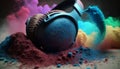 Headphones in color powder, generative ai