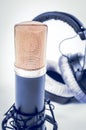 Headphones and condenser microphone on the white background