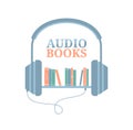 Headphones connected to a bookshelf isolated on a white background. Flat vector illustration