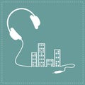 Headphones cord equalizer building house with swith on light windows Music background card. Outline icon. Flat design