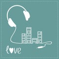 Headphones cord in shape of equalizer building house with swith on light windows Love Music background card. Outline icon. Flat de