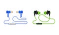 Headphones or Earphones as Pair of Loudspeaker Drivers with Cord Worn Over Ears Vector Set