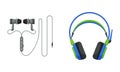 Headphones or Earphones as Pair of Loudspeaker Drivers with Cord Worn Over Ears Vector Set