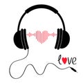 Headphones earphones with cord and word Love. Black silhouette. Headphone icon. Red music sound wave heart. Greeting card. Flat Royalty Free Stock Photo