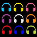 Headphones earphones icon set. Colorful silhouette. Music card. Flat design style. White background. Isolated. Royalty Free Stock Photo