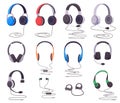 Headphones and earphones. Music or gaming wired audio equipment, earphones stereo digital gadget. Headphone equipment