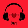 Headphones earphones. Word Love. Black silhouette. Headphone icon. Black music sound wave heart. Greeting card. Flat design. Red Royalty Free Stock Photo
