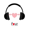 Headphones earphones. Word Love. Black silhouette. Headphone icon. Red music sound wave heart. Greeting card. Flat design. Royalty Free Stock Photo