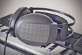 Headphones on electone midi keyboard. Close up. instagram filter style. Royalty Free Stock Photo