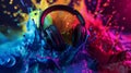 Headphones emerge from a vibrant explosion of neon paint splashes against a dark background