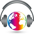 Headphones and globe, music and entertainment logo Royalty Free Stock Photo