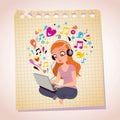 Headphones laptop redhead girl note paper cartoon illustration