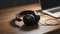Headphones and laptop on a wooden table Royalty Free Stock Photo