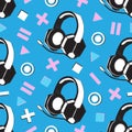 Headphones with microphone with geometry elements seamless pattern. Device for music, video games and esports, gamer and