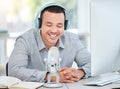 Headphones, microphone or happy man streaming a podcast media, online radio or network. Influencer host, broadcast or Royalty Free Stock Photo