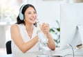Headphones, microphone or happy woman streaming a podcast media, online radio or network. Influencer host, broadcast or Royalty Free Stock Photo